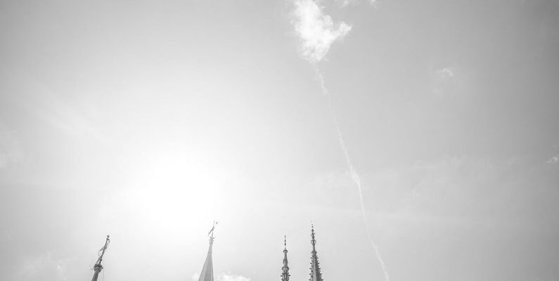 Tokyo Disney Resort - Black and White Photo of Tokyo Disney Resort Castle against Clear Sky